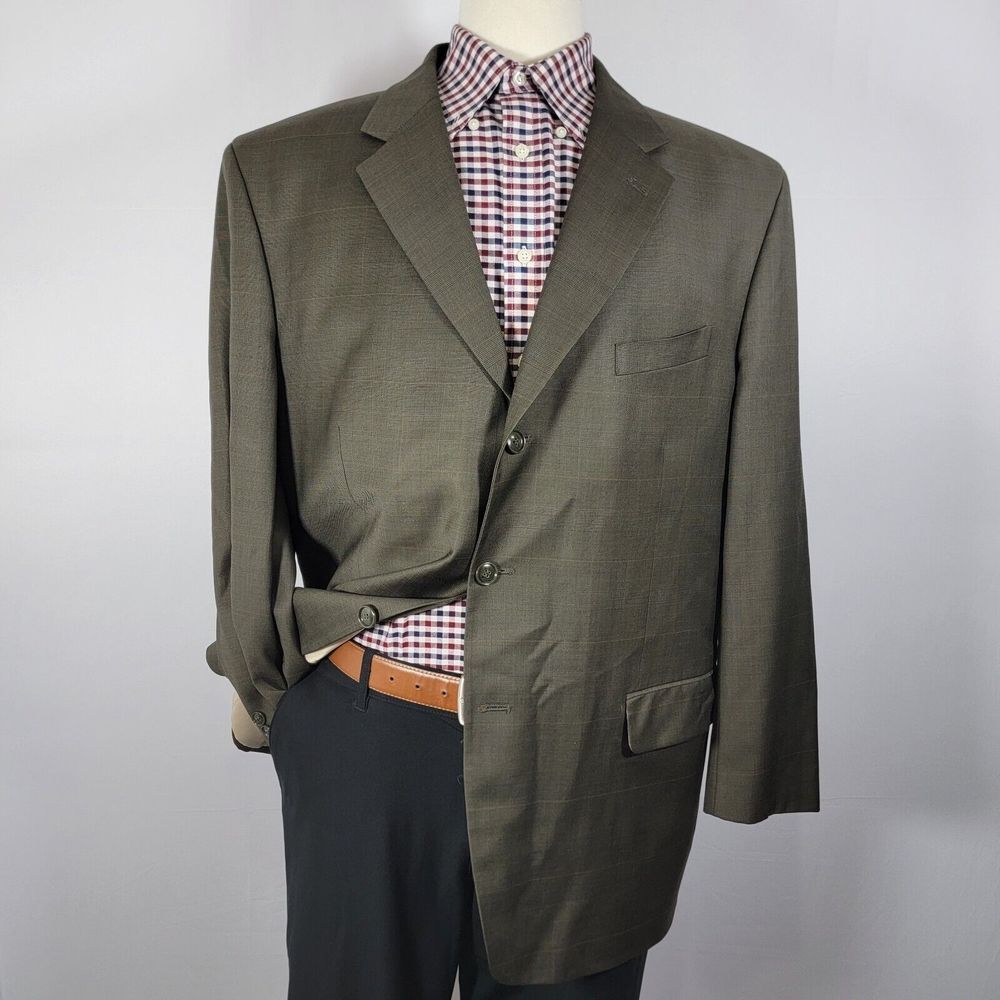 Jones‎ New York Men's Sport Coat Three Button Dark Green Olive Plaid Wool Sz 46R